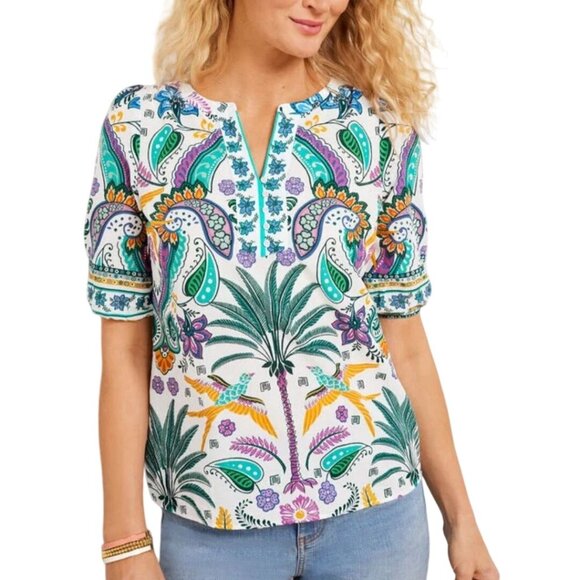 Talbots Birds And Palms Popover Blouse Tropical Vacation Sustainable Size L - Picture 1 of 9